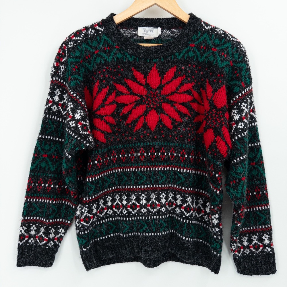 Vintage Poinsettia Fair Isle Christmas Sweater Womens Large Fuzzy‎ Cozy Holiday